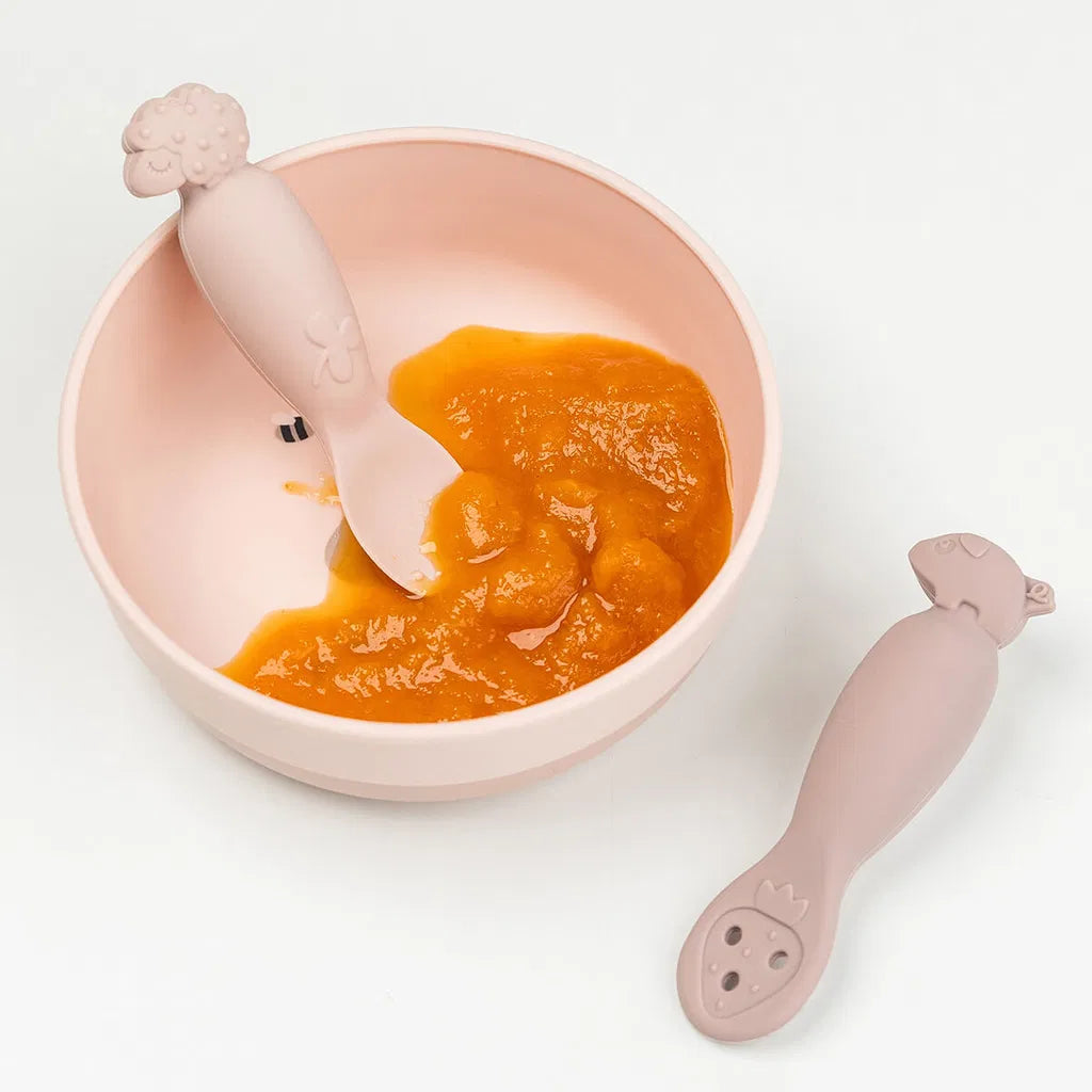 Siliconen bestek baby tiny farm roze